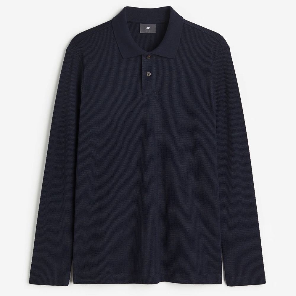 H&M Men's Dark Blue Long Sleeve Polo